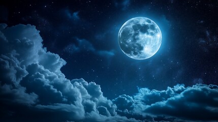 Fototapeta premium The moon in the night sky. The moon should be glowing brightly, surrounded by a few stars and clouds, creating a peaceful and mystical atmosphere. 