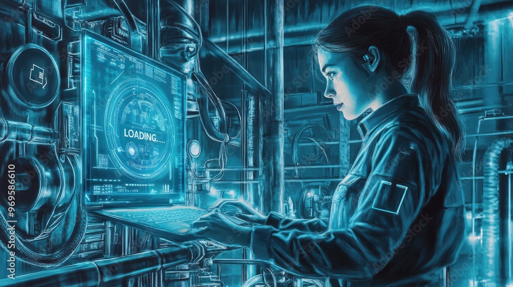 Poster a woman interacts with a futuristic computer interface in a tech environment.