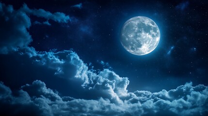 Fototapeta premium The moon in the night sky. The moon should be glowing brightly, surrounded by a few stars and clouds, creating a peaceful and mystical atmosphere. 