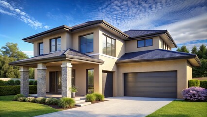 Contemporary home with soft ecru walls, sapphire trim, under a sunny sky, contemporary, home, soft, ecru, walls, sapphire, trim