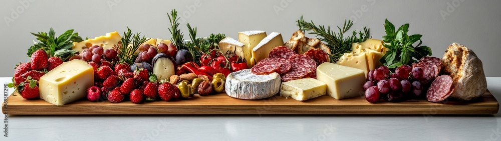 Wall mural gourmet cheeseboard display, an inviting arrangement of artisanal cheeses, fresh fruits, and nuts, e