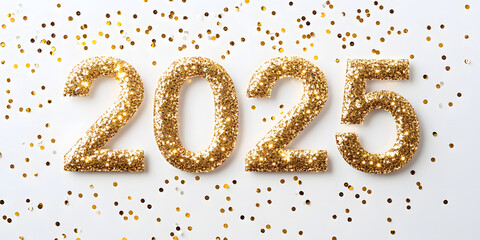 Happy New Year 2025 greeting card element on white background. Festive Christmas design. Gold numbers with realistic glitter texture