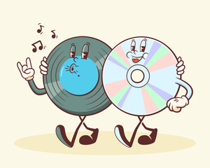 Obraz premium Groovy Vinil and CD Retro Characters. Cartoon Music Disk Record Personage Walking, Whistling and Smiling. Vector Funny Disco Mascot Template. Happy Vintage Cool Illustration Isolated