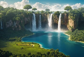 Fototapeta premium Amazing fantasy scenery with floating islands, water fall and field on space. Ai generated image