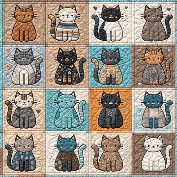 Colorful quilted squares feature various cats with different patterns and colors each sitting against a unique background