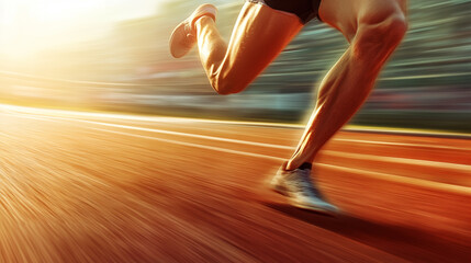 close-up of a sprinter’s legs in motion on a running track, with dynamic motion blur emphasizing speed and power.