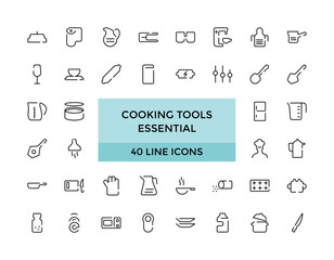 Cooking tools isolated icons set. Set of kitchen essentials, cutlery, dishes, plates, baking sheet, paper mill, cheese slicer, Editable stroke, Thin line icon pack, vector illustration.