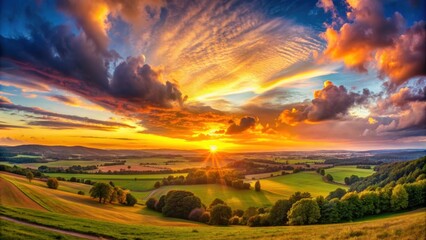 Fototapeta premium Panoramic view of a stunning sunset over the landscape, sunset, scenery, horizon, panoramic, dusk, orange sky