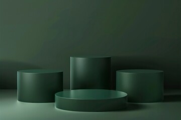 Dark Green Minimalist 3D Podium Display - Elegant Product Showcase Stand with Cylindrical Platforms
