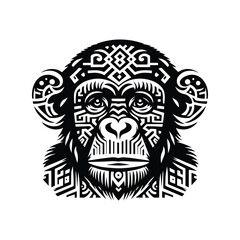 Chimpanzee monkey in folk art black and white silhouette illustration -