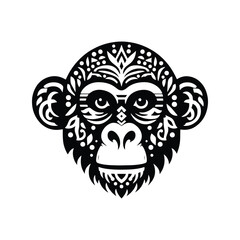 Chimpanzee monkey in folk art black and white silhouette illustration -