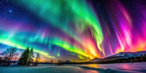 Vibrant display of colorful Aurora Borealis in the night sky, northern lights, stunning, vibrant, colors