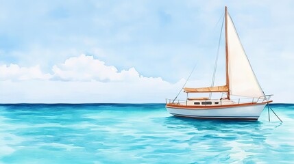 Fototapeta premium Sailboat anchored in crystal lagoon, tropical paradise, watercolor style