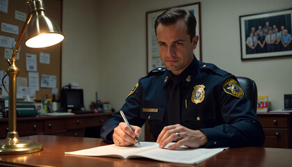 A serious police officer sits at his desk, focused on writing. The warm light casts shadows, highlighting the professionalism and dedication of law enforcement.