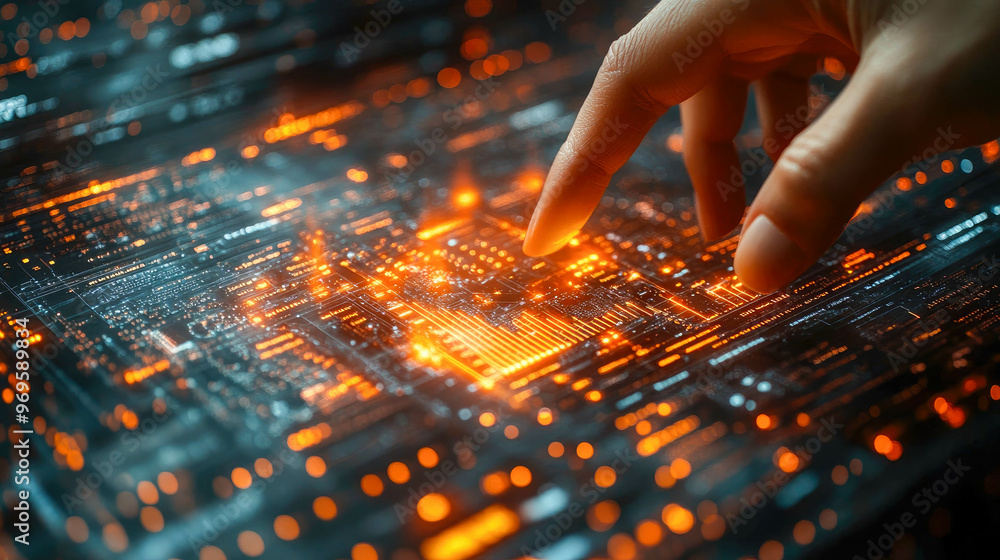 Poster a hand interacting with a glowing holographic financial interface displaying intricate data points