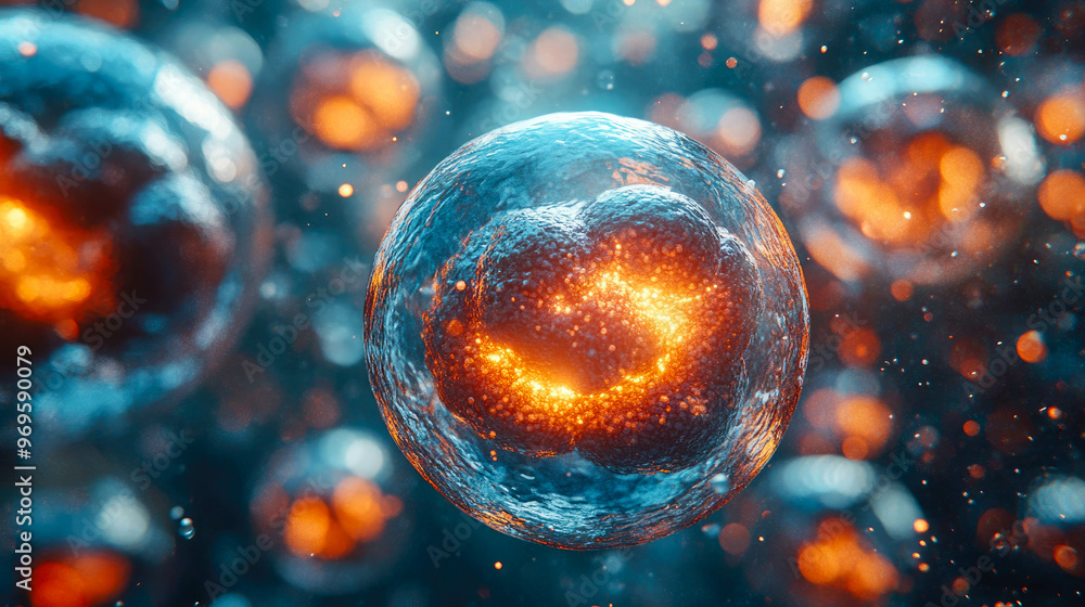 Poster abstract glowing cells floating in a cosmic space, representing scientific concepts and cellular bio