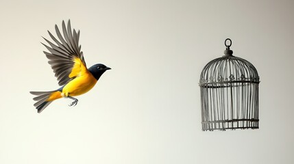 Bird Flying Away From Empty Cage.