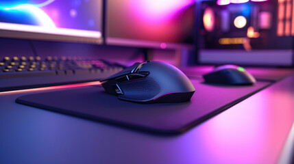 High-Tech Gaming Environment: Modern Desk with RGB Mouse and Mechanical Keyboard
