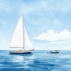 Fototapeta premium Sailboat and small fishing boat, peaceful ocean scene, watercolor style