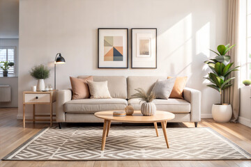Contemporary Living Room Design, A Chic Space with Minimalist Furniture, Geometric Patterns, and Lush Greenery, Ideal for Relaxation and Modern Home Inspiration.