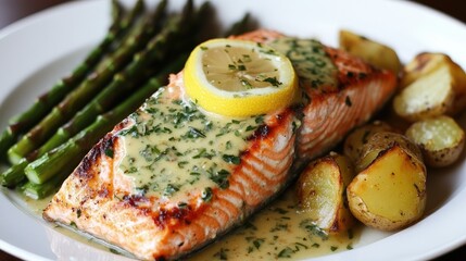 A grilled salmon fillet topped with a lemon herb butter sauce, served alongside asparagus and roasted potatoes.