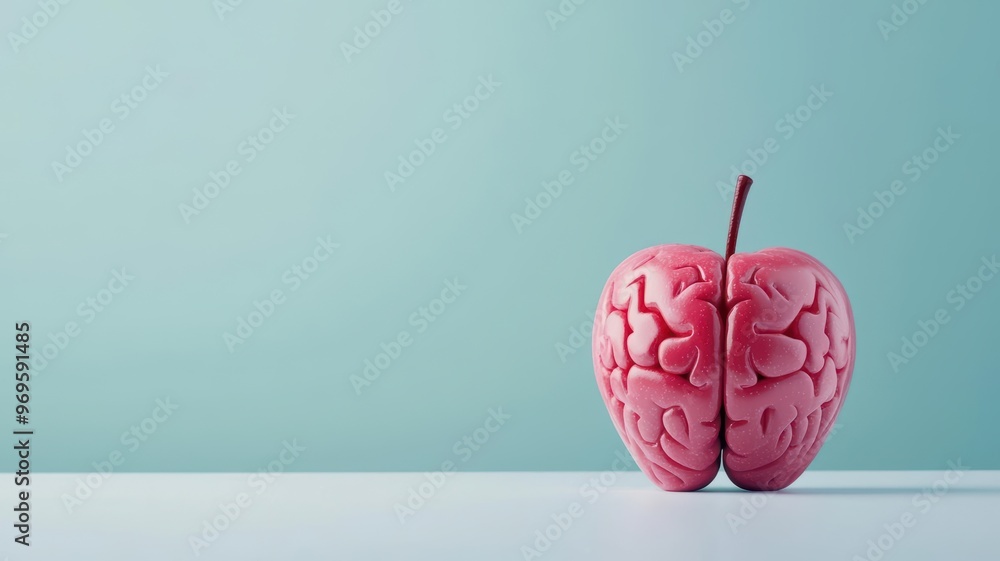 Poster a surreal image of a red apple morphing into a brain, symbolizing the fusion of organic elements wit