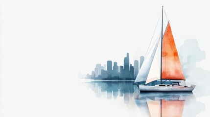 Sailboat in a foggy harbor, distant city skyline, watercolor style
