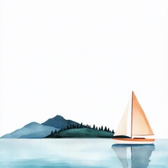Sailboat journeying towards a distant island, calm sea, watercolor style