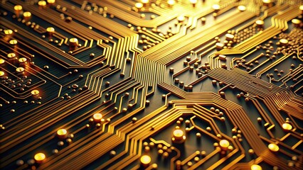 Close-up view of intricately designed circuit board with golden filaments and particles, technology, circuit board