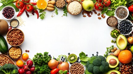Colorful food border with fresh fruits, vegetables, grains, and seeds for wellness and healthy lifestyle themes