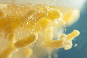 Macro shot focusing on the yeast fermentation process, capturing foam and bubbles forming in a liquid solution.