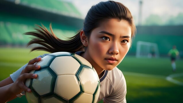 Focused young female soccer player preparing to take a throw-in on a vibrant green field. Captures the spirit of teamwork and determination in sports.