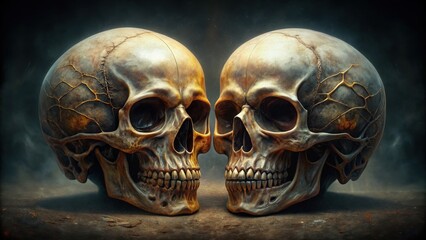 Skull overlayed with another skull, creating a striking and eerie visual effect, death, bones, creepy, horror, spooky