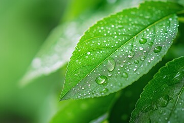 A close-up view of fresh green leaves covered with water droplets, exhibiting their natural texture and freshness.
