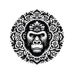 gorilla monkey in folk art black and white silhouette illustration -