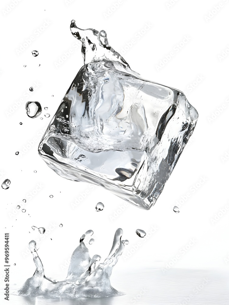 Poster a close up view of a single ice cube with water droplets splashing and flowing around it in a transp