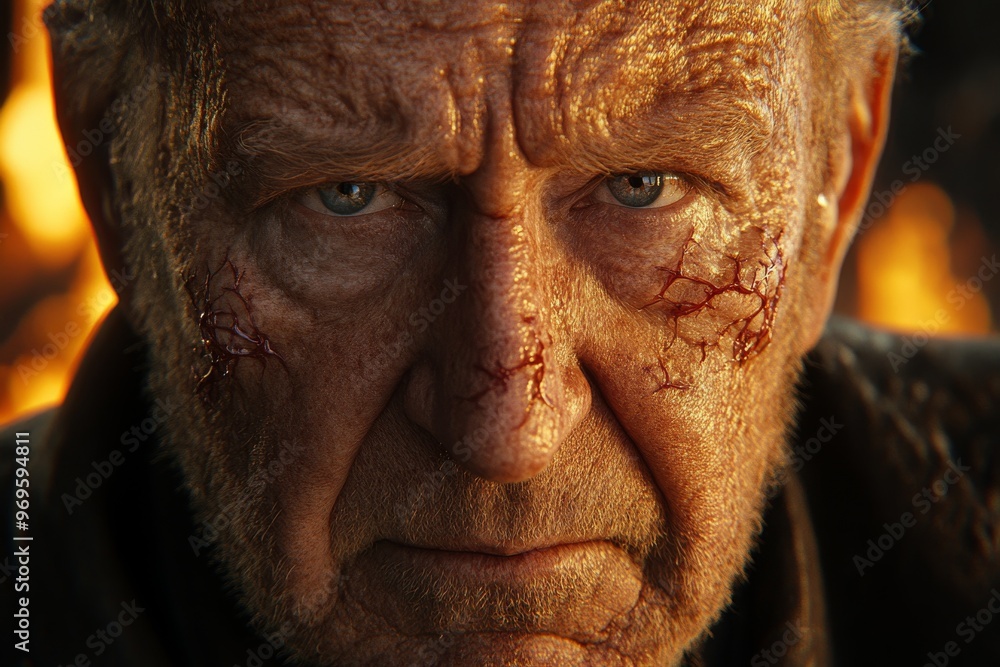 Poster synapse mental pathways cognitive decline and axon elderly man with determined gaze in fiery backgro
