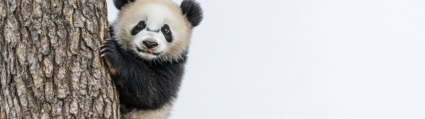 Playful Panda in Tree, a lively panda climbing a tree, exhibiting curiosity and charm, set against...