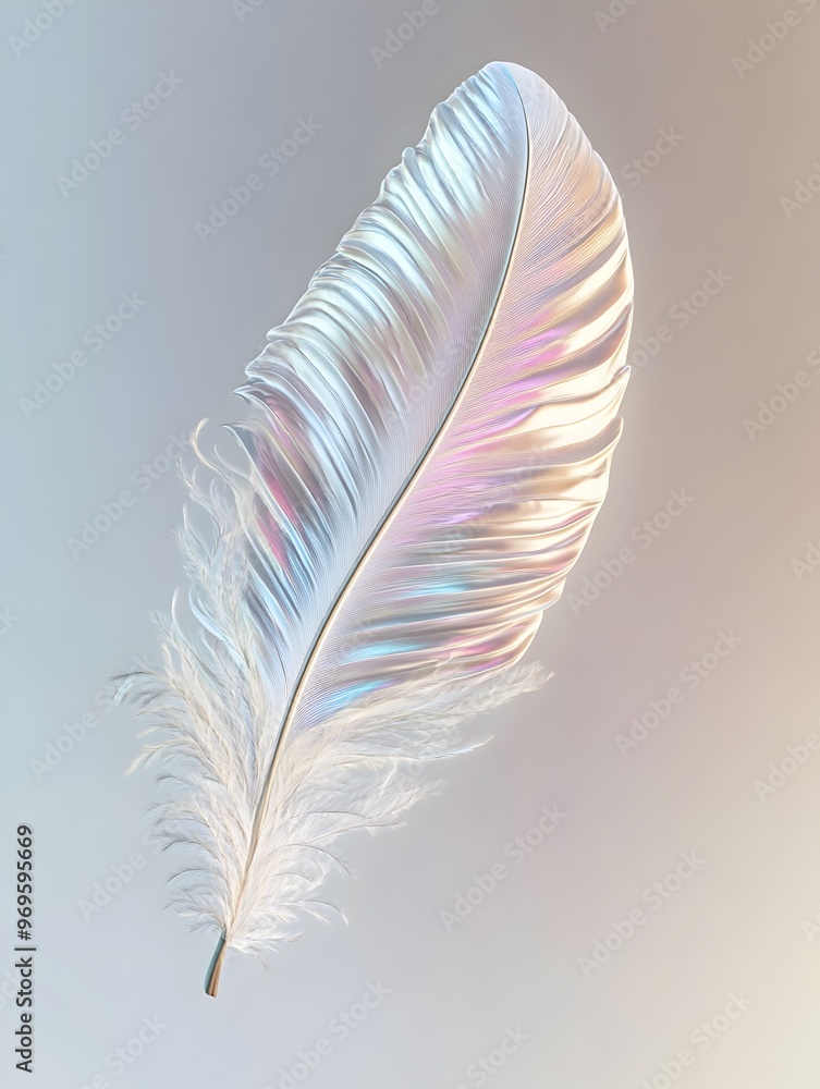 Poster a delicate iridescent feather floating gracefully in a calming billowy motion creating a serene and 