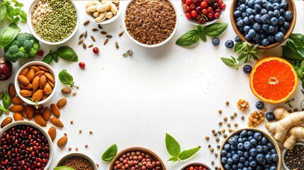 Naklejka premium Colorful assortment of fruits, seeds, and grains forming a food border for healthy eating and nutrition concepts