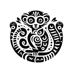 lemur monkey in folk art black and white silhouette illustration -