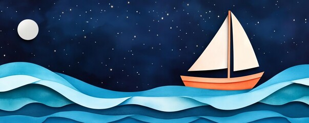 Sailboat under starry night sky, gentle waves, watercolor style