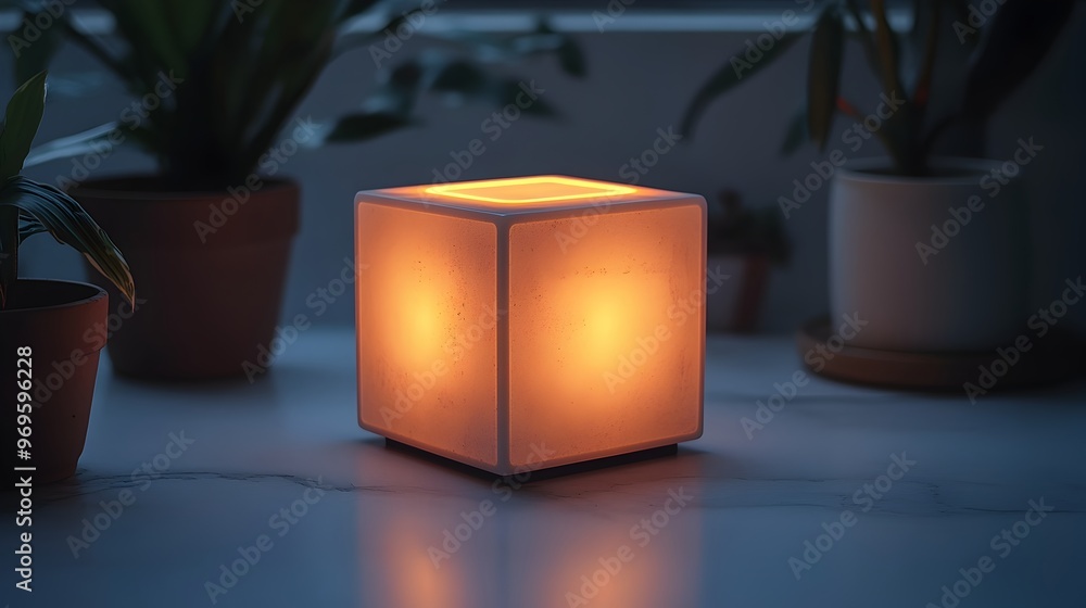 Poster a minimalist cube shaped led lamp casting a warm ambient glow on a clean white background