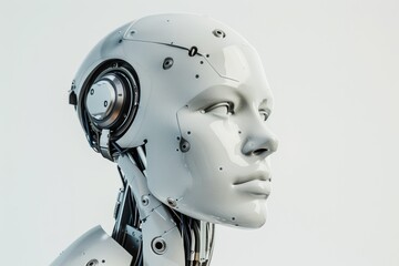 AI-generated illustration of a contemporary AI robot head isolated against a white background