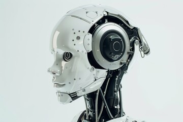 AI-generated illustration of a contemporary AI robot head isolated against a white background