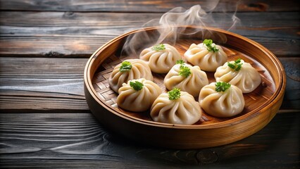 Plate of steaming hot dumplings or momos arranged beautifully , Delicious, appetizing, Asian cuisine, Tibetan, Nepalese