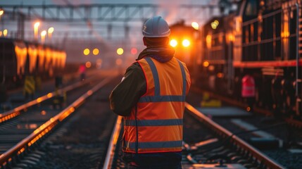 Railway operator inspecting train engine at dawn