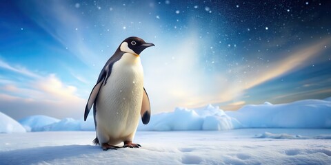 Fototapeta premium A cute penguin standing on a snowy surface, penguin, bird, animal, cute, fluffy, winter, cold, Antarctica, wildlife