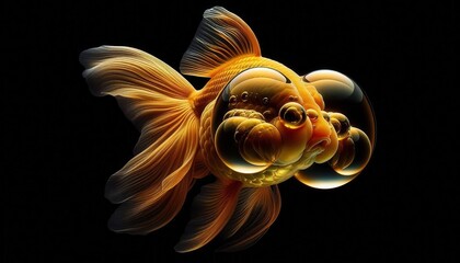 A vibrant goldfish with exaggerated features and bubbles, set against a dark background.
