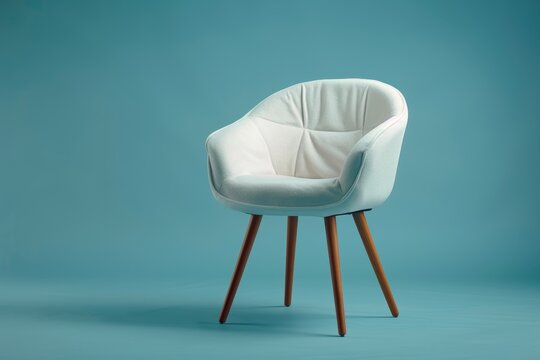AI-generated image a white velour chair with wooden legs, isolated on a blue background, offering